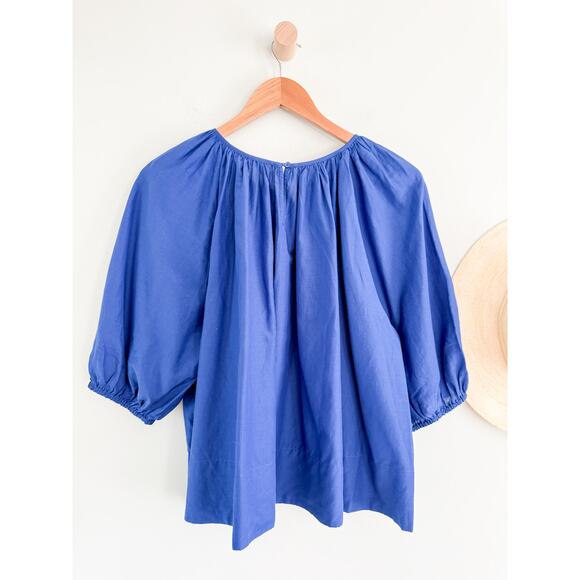 Madewell | NWT Shirred Puff-Sleeve Top in Cotton-Silk Voile Bright Sapphire Sz L - Picture 9 of 10